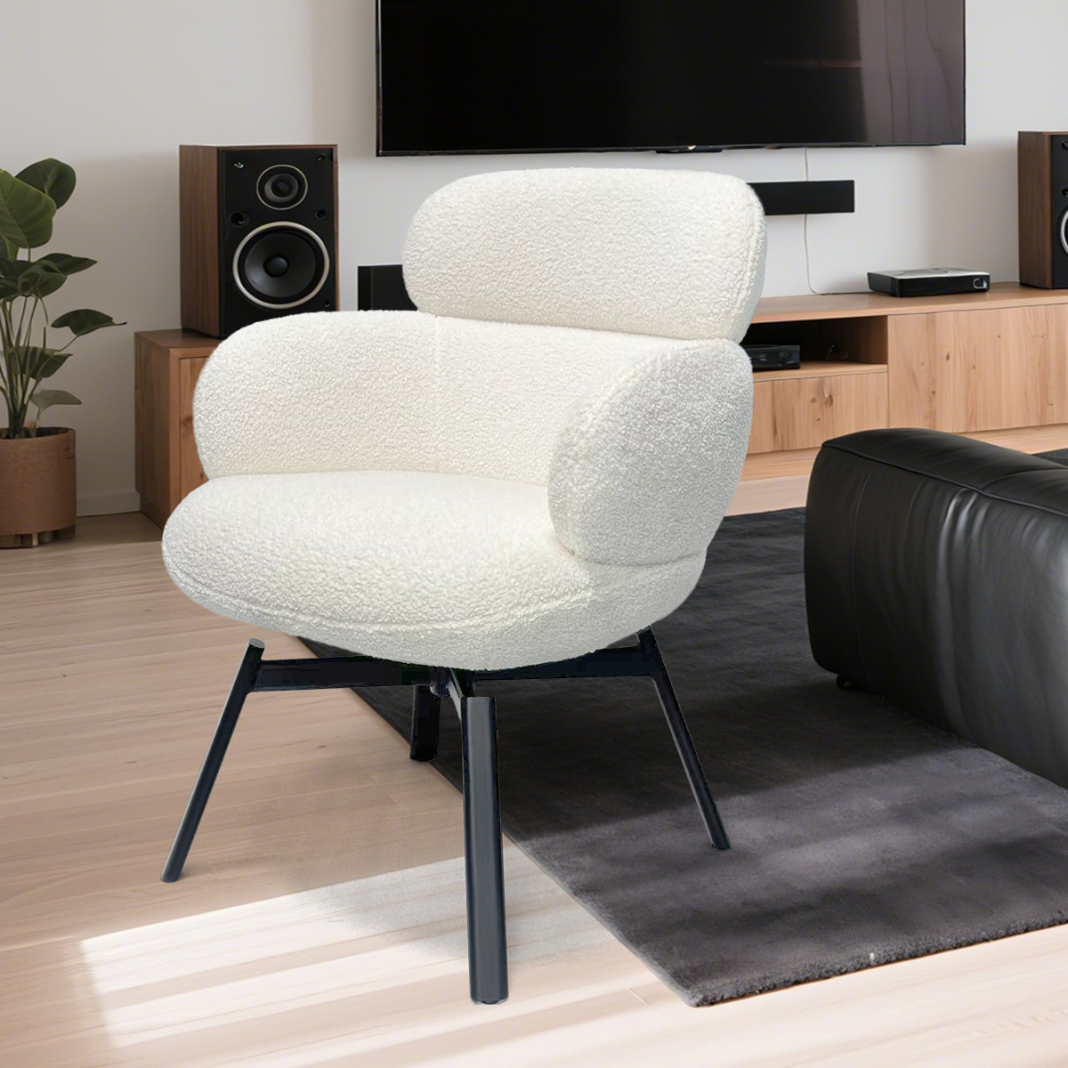Moderne witte bouclé/teddy fleece stoffen swivel lounge stoel met extra brede stoel en metalen benen