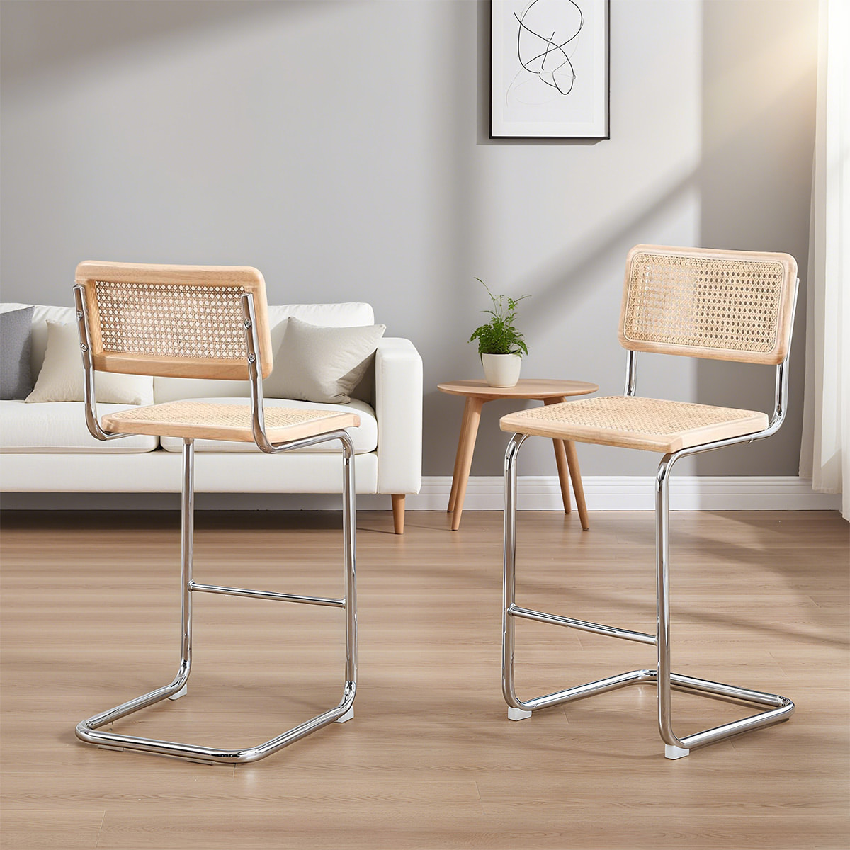 Midden-eeuwse moderne Rattan Cantilever Teller Stool-Natural Cane Back & Seat with Chrome Metal Frame