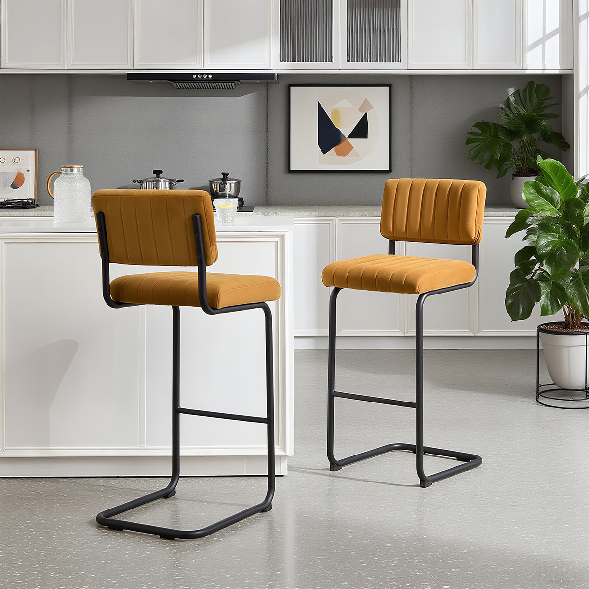 Modern Velvet Cantilever Bar-ontlasting uit het midden van de eeuw-getuft gestoffeerde stoel met rugleuning en mat zwart metalen frame