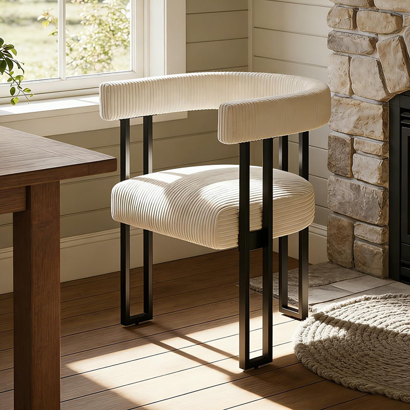 Boucle eetkamerstoel, witte corduroy gestoffeerde eetkamerstoel met metalen poten, moderne accentstoel uit het midden van de eeuw